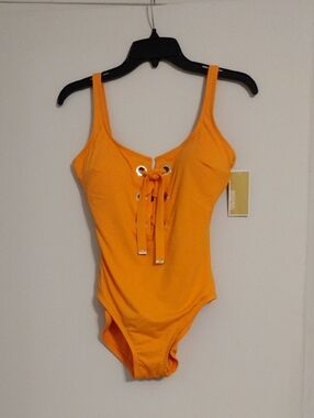 Michael Kors Bright Orange Lace-Up One-Piece Swimsuit